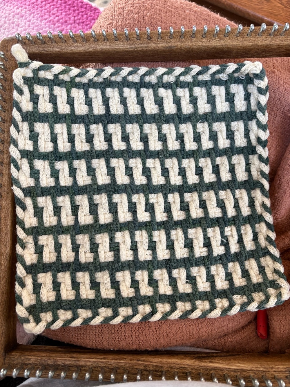 Handwoven Square Potholder - Cream & Dark Green